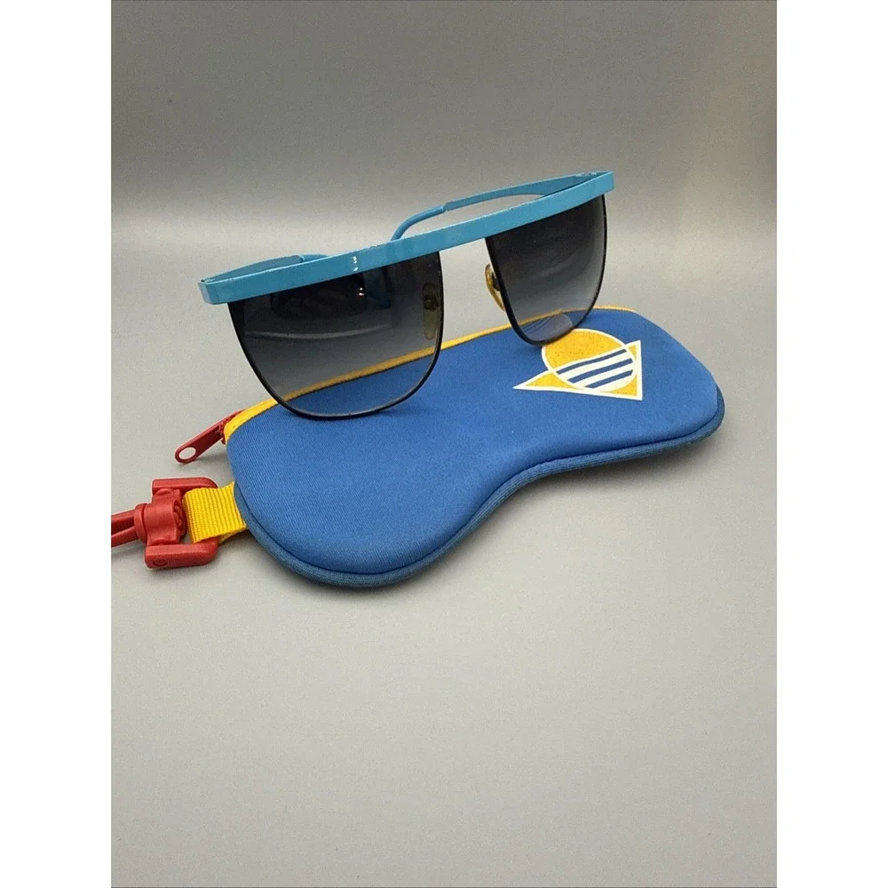 Vintage Sunglasses Shield Blue Frame Oversized with purple gradient lens & case